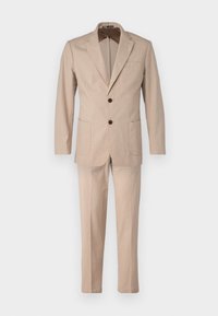 Beige suit made of textured fabric, featuring a single-breasted jacket with two front pockets and matching trousers. Brown buttons accent the jacket.