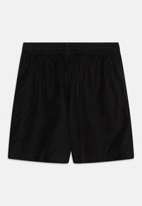 Shorts noirs en tissu léger et respirant ; taille élastique ; sans poches ; texture lisse ; design simple sans embellissements.