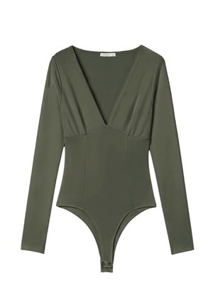Stradivarius, V-NECK BODYSUIT WITH UNDER-BUST GATHERING - Top s dlhým rukávom - khaki