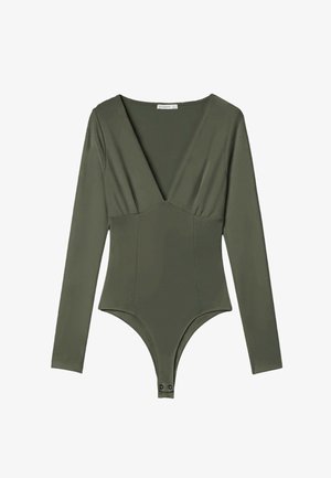 Stradivarius, V-NECK BODYSUIT WITH UNDER-BUST GATHERING - Top s dlhým rukávom - khaki
