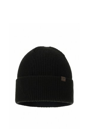 Cappello berretto lavorato a maglia nero con costine, con risvolto e piccola etichetta logo rettangolare marrone sul lato.