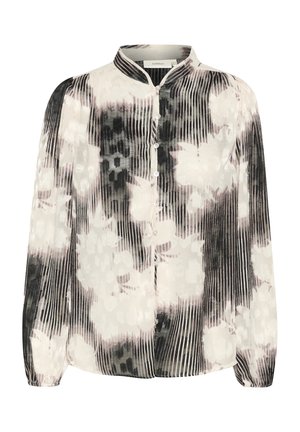 Bluza z dolgimi rokavi z visokim ovratnikom, okrašena s cvetličnim vzorcem v črni, beli in odtenkih roza, z vertikalno prugasto teksturo in gumbom za zapiranje.