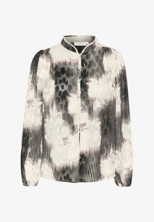 Pikendatud varrukatega pluus kõrge kaelusega, millel on musta, valge ja roosa tooni lilleline muster, vertikaalne triibuline tekstuur ja nööpidega sulgemine.