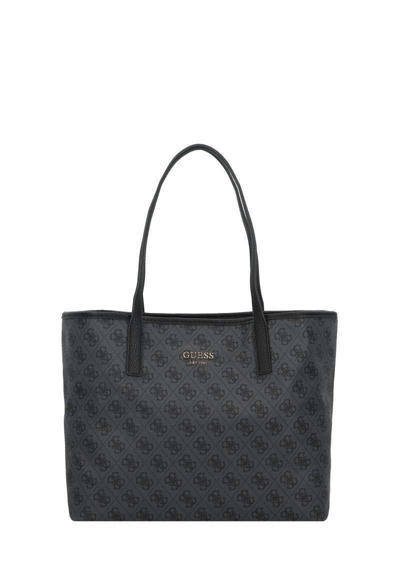 Sac fourre-tout noir en matériau synthétique texturé, arborant un motif de logo répétitif et deux poignées robustes, mis en valeur par un accent logo doré.