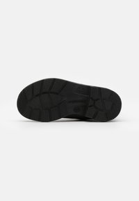 Suela de zapato de goma negra con un patrón de banda de rodadura que presenta ranuras y crestas para tracción, tacón redondeado y bordes suaves.