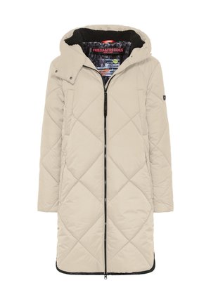 Lange beige gewatteerde parka met een capuchon, voorkant met rits en zwarte accenten. Bevat diamanten patronen en een zachte binnenvoering.