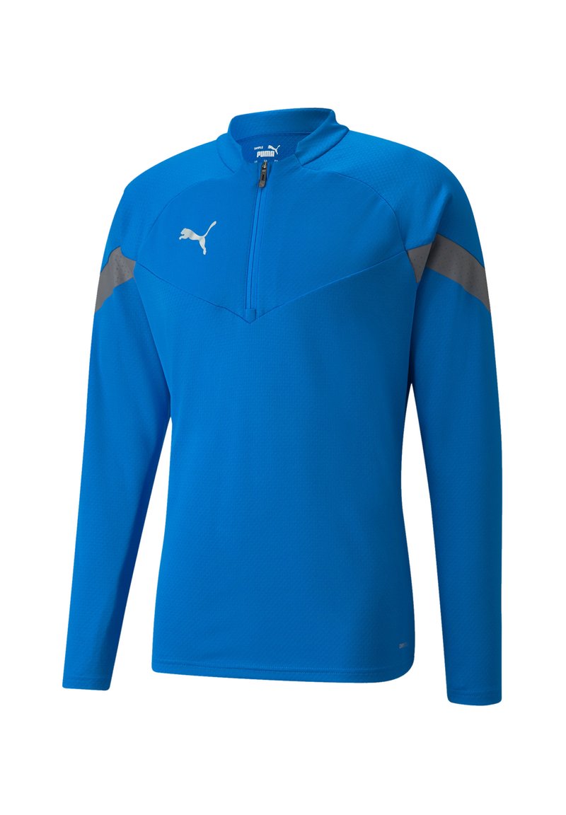 Blaues Sportoberteil mit langen Ärmeln und Reißverschlusskragen, mit strukturiertem Design und grauen Akzenten an den Schultern. Markenlogo auf der Brust.