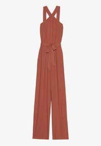Rostfarget jumpsuit med krysslagt stroppedesign, vide ben og belte i livet. Laget av et teksturert, lett stoff.