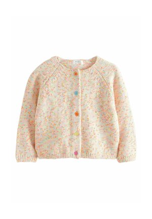 Cardigan bébé en maille crème avec des taches multicolores et cinq boutons de couleurs différentes sur le devant.