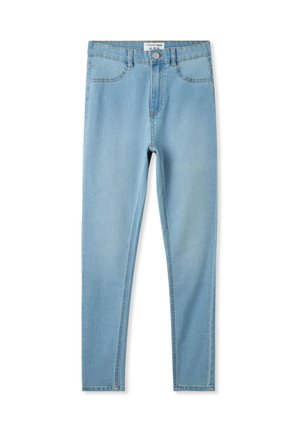 Jeans azzurri chiari in un design slim-fit, realizzati in denim, con uno stile classico a cinque tasche e chiusura anteriore con bottone metallico.