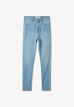 Jeans azzurri chiari in un design slim-fit, realizzati in denim, con uno stile classico a cinque tasche e chiusura anteriore con bottone metallico.