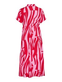 Punane ja roosa lühikeste varrukatega maksikleit, millel on krae, elastne talje ja abstraktne triibuline mustriline. Pehme kangas, mis voolab kenasti.