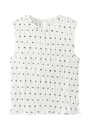 Bluză albă fără mâneci, cu mici puncte brodate în albastru închis și un model texturat, șifonat.