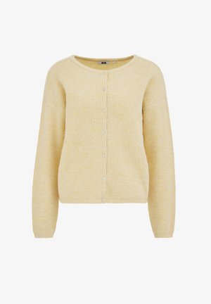 Geltonas siūtas megztinis su ilgomis rankovėmis, apvalia iškirpte ir priekyje su sagomis. Minkšta tekstūra ir laisvas siluetas.