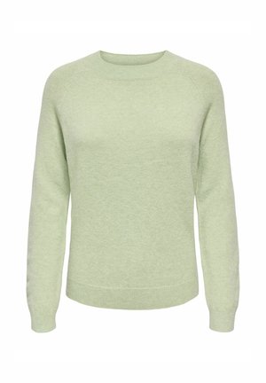 Jasnozielony sweter z długim rękawem i okrągłym dekoltem, z prążkowanymi mankietami, dekoltem i dołem, prezentowany na białym tle.