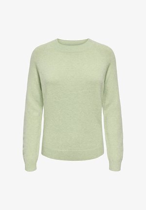 Jasnozielony sweter z długim rękawem i okrągłym dekoltem, z prążkowanymi mankietami, dekoltem i dołem, prezentowany na białym tle.