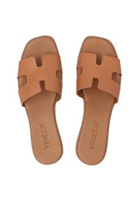 Brown leather slide sandals with cut-out design. Flat sole and no heel. Soft texture and minimalistic style. Brand logo on the insole.