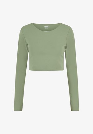 Top cropped à manches longues de couleur vert clair, fait en tissu doux. Encolure ronde et design ajusté sans motifs ni éléments métalliques visibles.