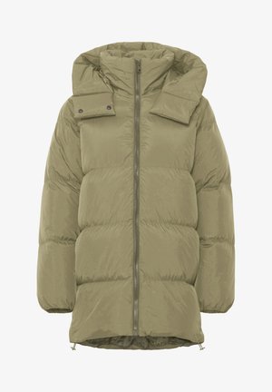 Doudoune vert olive avec capuche, dotée d'une fermeture éclair à l'avant, de poches latérales et d'un motif matelassé pour l'isolation.