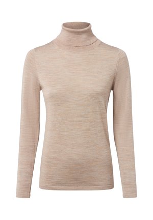 Hellbeige Rollkragenpullover mit langen Ärmeln, aus einem weichen, gerippten Strickstoff gefertigt. Verfügt über eine figurbetonte Silhouette und ein nahtloses Design.