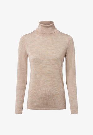 Hellbeige Rollkragenpullover mit langen Ärmeln, aus einem weichen, gerippten Strickstoff gefertigt. Verfügt über eine figurbetonte Silhouette und ein nahtloses Design.