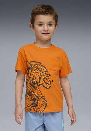 Junger Junge, der ein oranges T-Shirt mit dem Text und Grafiken "Tiger Shark" trägt, sowie hellblaue Shorts, steht vor einem grauen Hintergrund.