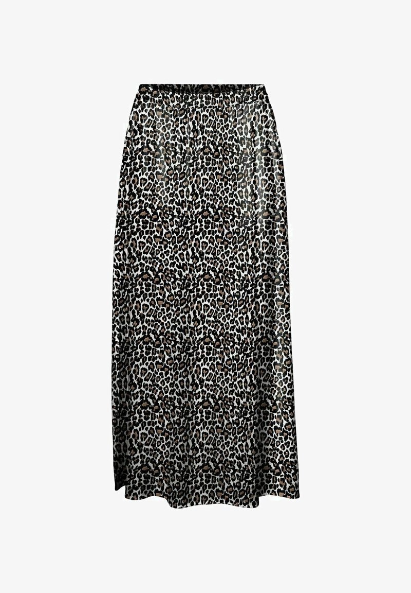 Jupe longue avec taille élastique présentant un motif léopard marron, noir et blanc sur un tissu lisse.