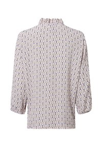 Helllila Bluse mit ganzflächigem Diamond- und Blumenmuster, Rüschen-Halsauschnitt und Dreiviertelärmeln. Glatte, weiche Stofftextur.