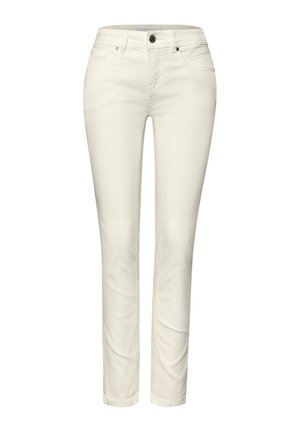 Pantalon slim pour femme de couleur crème avec fermeture avant à boutons et fermeture éclair, passants pour ceinture, et design à cinq poches.
