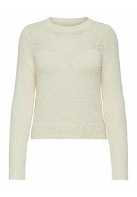 Pull en tricot crème avec de longues manches, un col rond et un tissu texturé. L'ourlet et les poignets sont côtelés pour un ajustement près du corps.