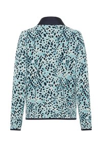 Pullover in Hellblau mit schwarzem und marineblauem Tiermuster, ausgestattet mit einem Kragen und langen Ärmeln. Weiches Material mit strukturiertem Musterdetail.
