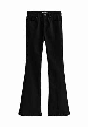 Schwarze, aus Denim gefertigte, ausgestellte Jeans. Verfügt über vordere Taschen, einen klassischen Knopf- und Reißverschluss sowie dekorative Nähte an den Säumen.