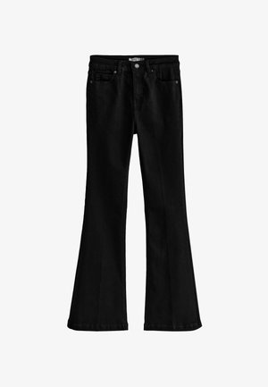 Schwarze, aus Denim gefertigte, ausgestellte Jeans. Verfügt über vordere Taschen, einen klassischen Knopf- und Reißverschluss sowie dekorative Nähte an den Säumen.