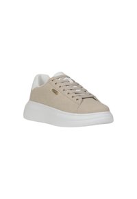 Sneaker beige con una toma superiore testurizzata, suola bianca, occhielli metallici e un motivo sobrio sul lato. Design con lacci e colletto imbottito.