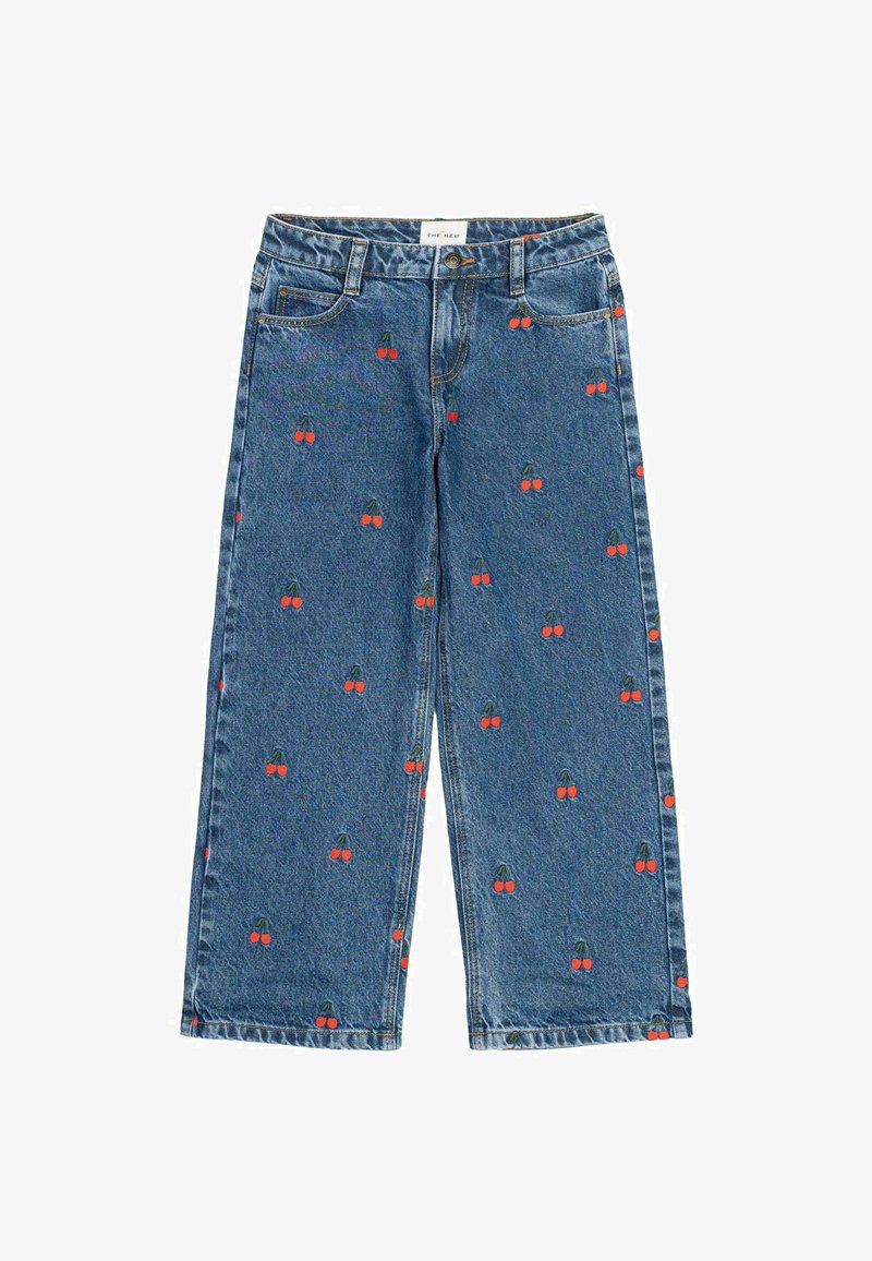 Sinine denim lai jalgadega teksaseelik, millel on punase ja rohelisega kogu pinnal kirsi mustri print. Lõpetatud tavaliste viie-tasku stiilide ja nupuga kinnitusega.