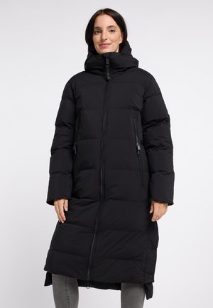 Schwarze Pufferjacke mit Kapuze, lange Länge, Reißverschlussverschluss und seitlichen Taschen. Verfügt über ein gesteppte Design und eine weiche Textur.