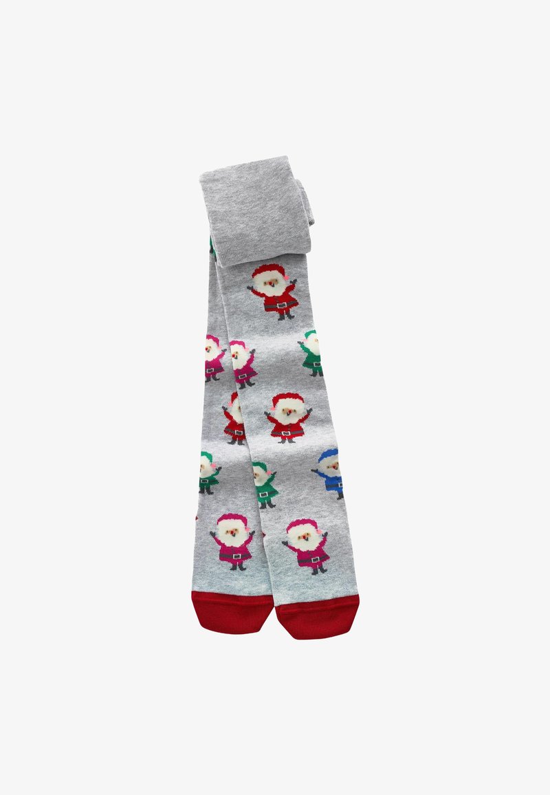 Graue Socken mit roten Zehenakzenten, die wiederkehrende bunte Weihnachtsmannmuster zeigen. Aus weichem Material gefertigt, präsentieren sie ein verspieltes Design.
