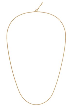 Collana in metallo dorato con un design a catena liscio e rotondo. Presenta un profilo sottile e un gancio regolabile per la variazione della lunghezza.