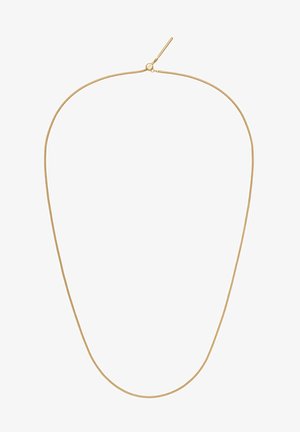 Zelta metāla kaklarota ar gludu, apaļu ķēdes dizainu. Iespēlēta plāna profila un regulējama sprādze garuma maiņai.