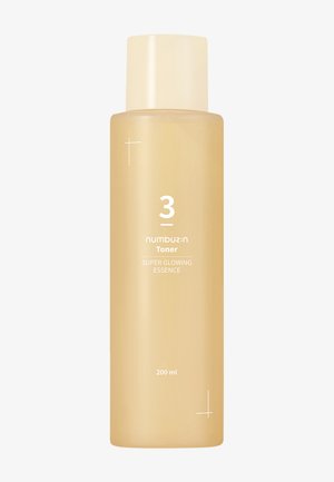 Flasche Super Glowing Essence Toner, 200 ml, mit beigem Verschluss und minimalistischem Etikett auf hellbeiger Verpackung.