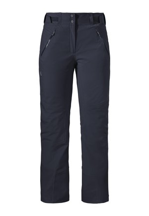 Schwarze Outdoor-Hosen aus robustem Material, mit einem Reißverschluss an der Vorderseite, zwei seitlichen Reißverschlusstaschen und verstärkten Kniepartien für zusätzliche Stärke.