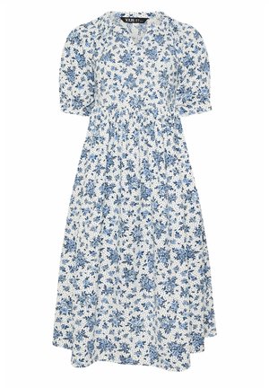 Robe midi blanche à imprimé floral bleu, manches courtes bouffantes, encolure en V et taille froncée pour une silhouette fluide.