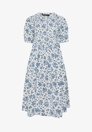 Abito midi bianco con stampa floreale blu, maniche corte a sbuffo, scollo a V e vita raccolta per una silhouette fluida.