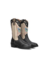 Zwarte leren cowboylaarzen met crèmekleurige panelen, versierd met blauwe vlinderborduursels, een ronde neus en een lage blokhak.