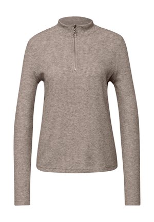 Top gris de manga larga con costillas, cuello alto y media cremallera en el cuello. Textura suave y diseño ajustado.