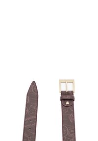 Cintura in materiale sintetico viola scuro con motivo a rilievo a tema viaggio, fibbia rettangolare dorata lucida e fori regolabili.