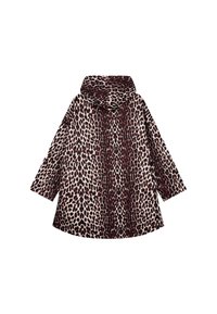 Płaszcz w leopardzie wzory z kapturem, z beżowym tłem oraz ciemnobrązowymi i czerwonymi plamami. Luzny krój z długimi rękawami i bezszwowym wykończeniem.