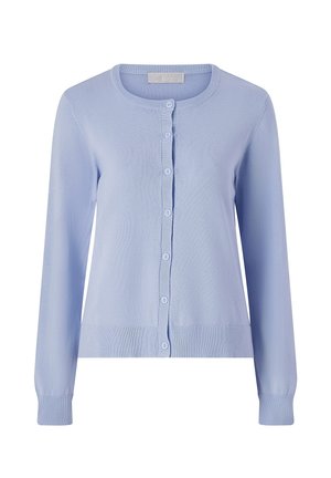 Cardigan lavorato a maglia di un blu chiaro con maniche lunghe, scollatura rotonda e chiusura con bottoni. Presenta polsini e orlo a costine. Texture morbida.