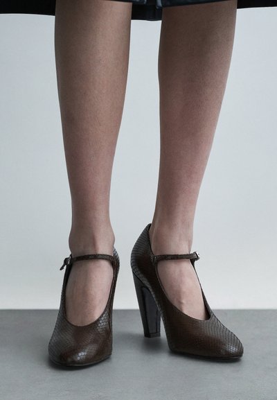 Smeđe cipele na visoku petu s teksturiranim uzorkom kože zmije, zaobljenim vrhom i remenom oko gležnja, s elegantnom, sjajnom petom.