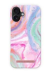 Telefondeksel med et marmormønster i rosa, lilla, grønt og blå spiraler. Inkluderer en beige aksent med "IDEAL OF SWEDEN"-merke.